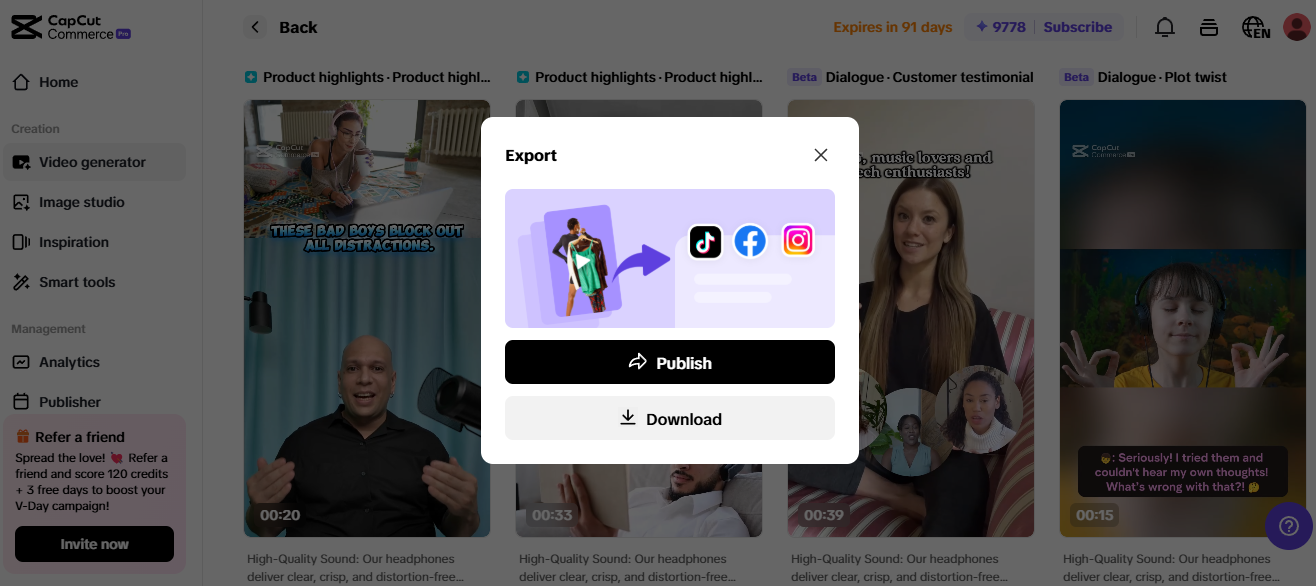 Pippit dashboard showing video content for Amazon product promotion, set for export to social media platforms.